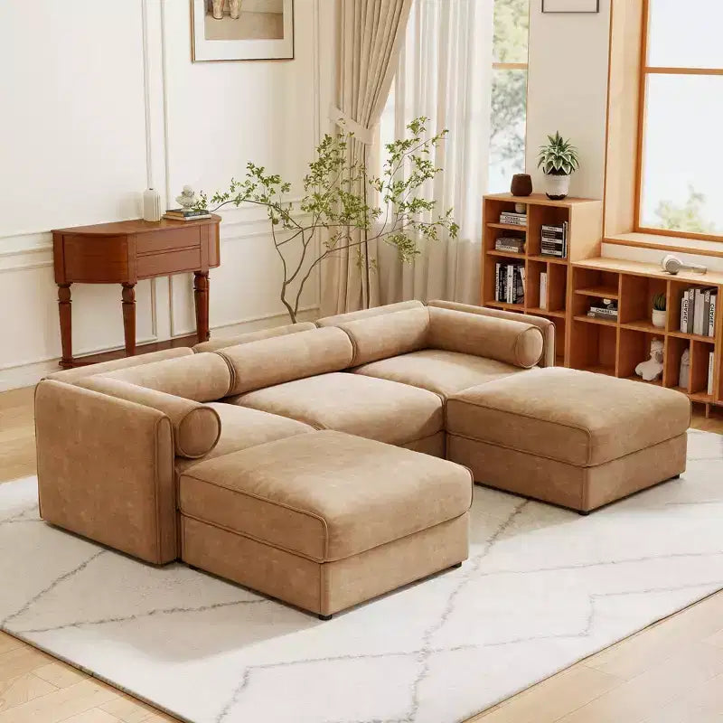 Elegant White Chenille Sofa with Storage Seat and Ottoman, U-Shaped 3-Seater Cylindrical Backrest and Armrests