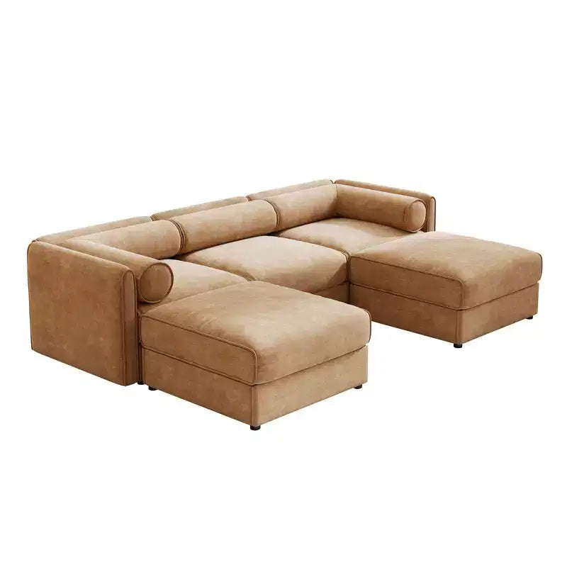 Elegant White Chenille Sofa with Storage Seat and Ottoman, U-Shaped 3-Seater Cylindrical Backrest and Armrests