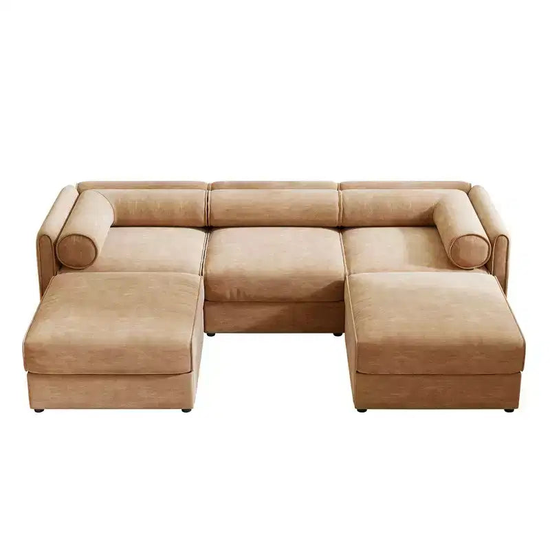 Elegant White Chenille Sofa with Storage Seat and Ottoman, U-Shaped 3-Seater Cylindrical Backrest and Armrests