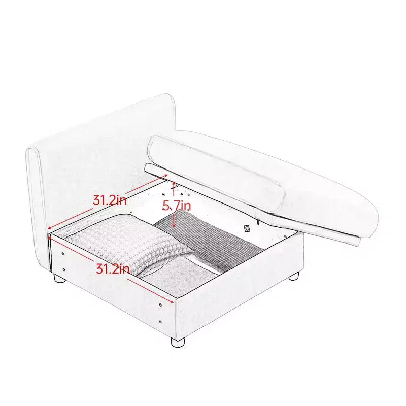 Elegant White Chenille Sofa with Storage Seat and Ottoman, U-Shaped 3-Seater Cylindrical Backrest and Armrests