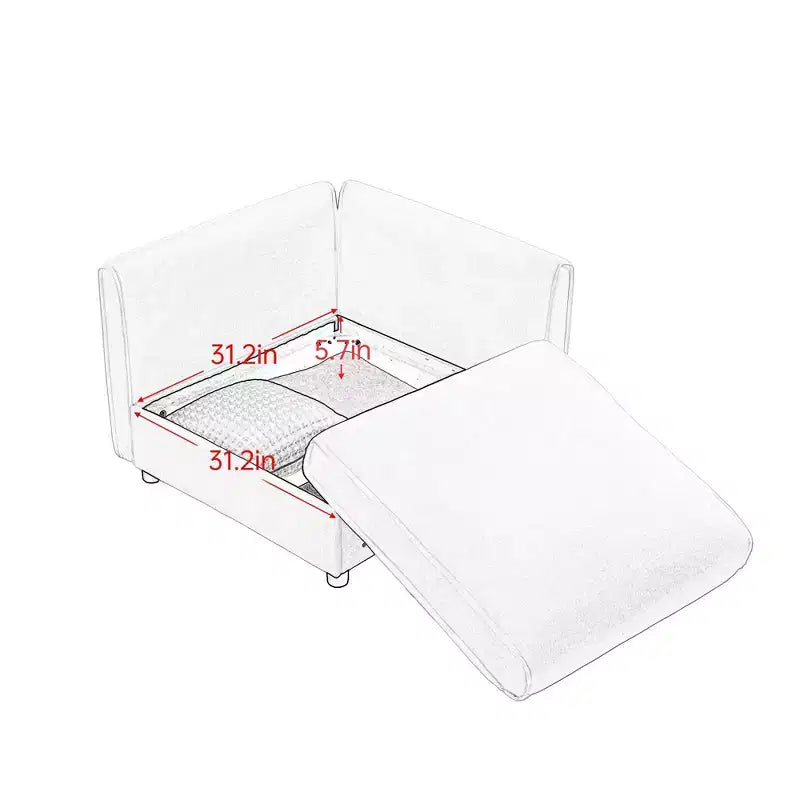 Elegant White Chenille Sofa with Storage Seat and Ottoman, U-Shaped 3-Seater Cylindrical Backrest and Armrests