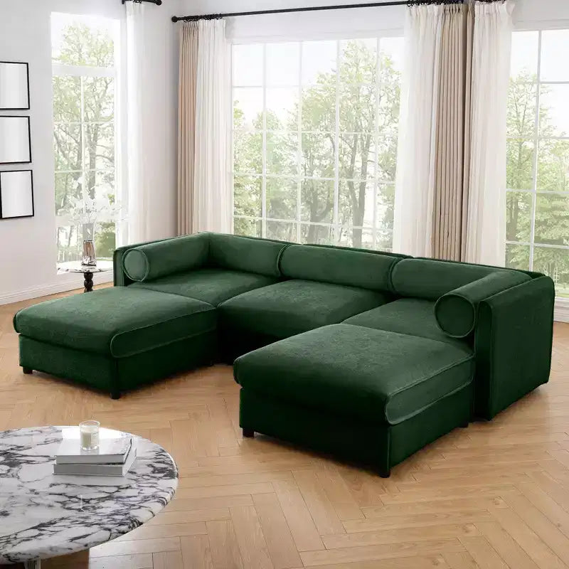 Elegant White Chenille Sofa with Storage Seat and Ottoman, U-Shaped 3-Seater Cylindrical Backrest and Armrests