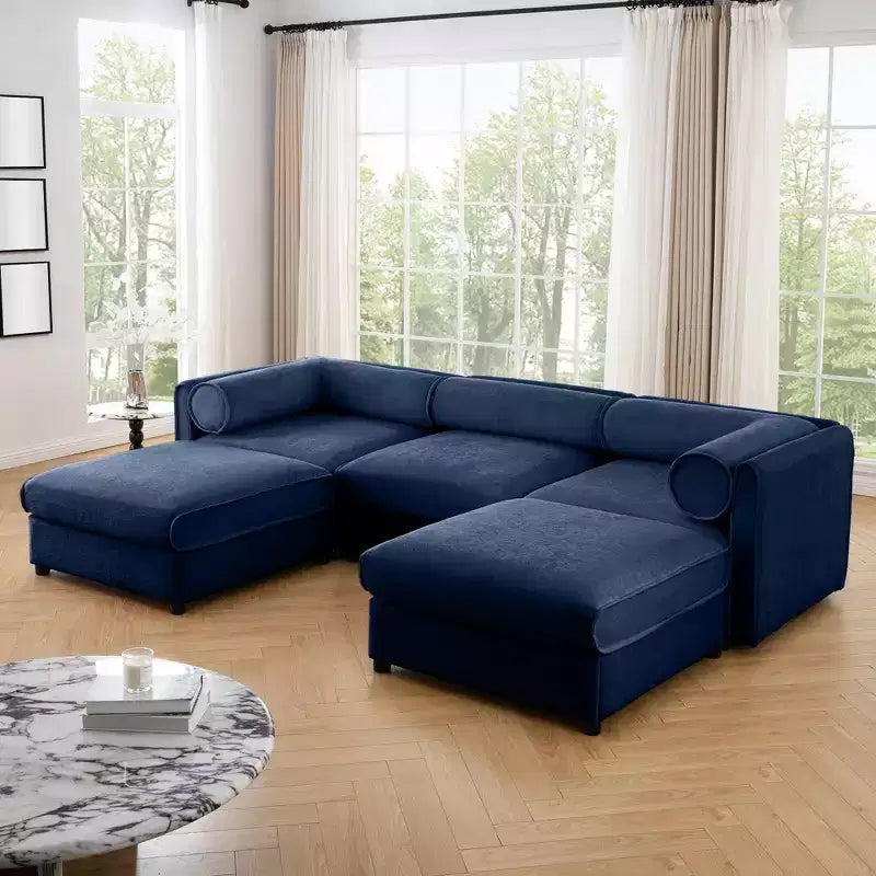 Elegant White Chenille Sofa with Storage Seat and Ottoman, U-Shaped 3-Seater Cylindrical Backrest and Armrests