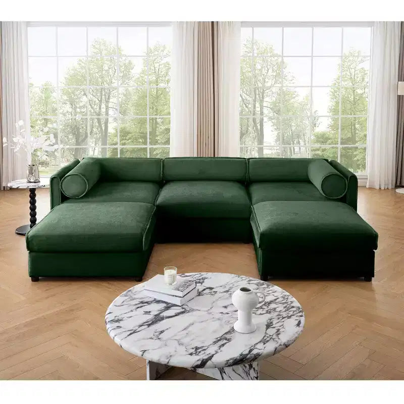 Elegant White Chenille Sofa with Storage Seat and Ottoman, U-Shaped 3-Seater Cylindrical Backrest and Armrests