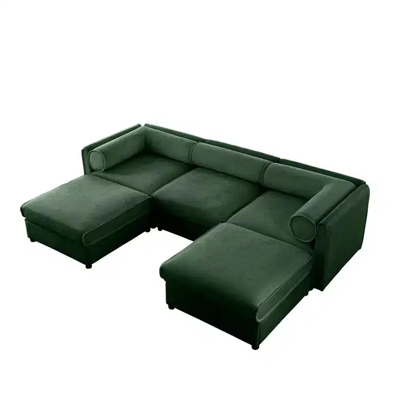 Elegant White Chenille Sofa with Storage Seat and Ottoman, U-Shaped 3-Seater Cylindrical Backrest and Armrests