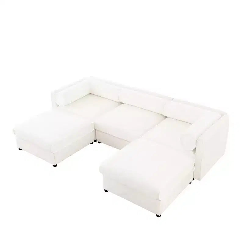 Elegant White Chenille Sofa with Storage Seat and Ottoman, U-Shaped 3-Seater Cylindrical Backrest and Armrests