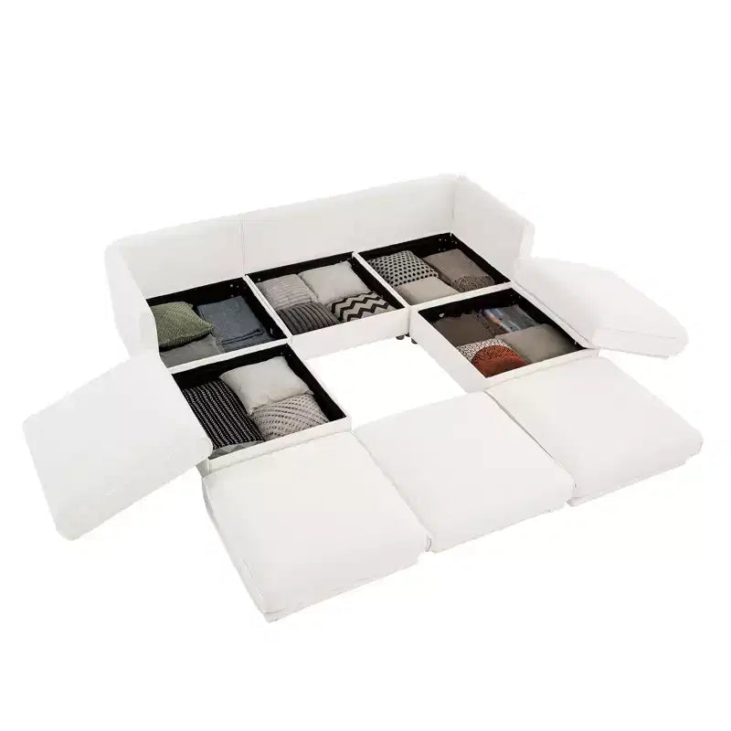 Elegant White Chenille Sofa with Storage Seat and Ottoman, U-Shaped 3-Seater Cylindrical Backrest and Armrests