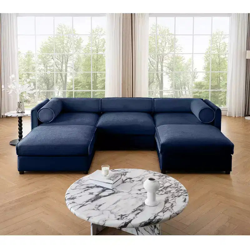 Elegant White Chenille Sofa with Storage Seat and Ottoman, U-Shaped 3-Seater Cylindrical Backrest and Armrests