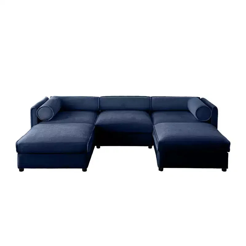 Elegant White Chenille Sofa with Storage Seat and Ottoman, U-Shaped 3-Seater Cylindrical Backrest and Armrests