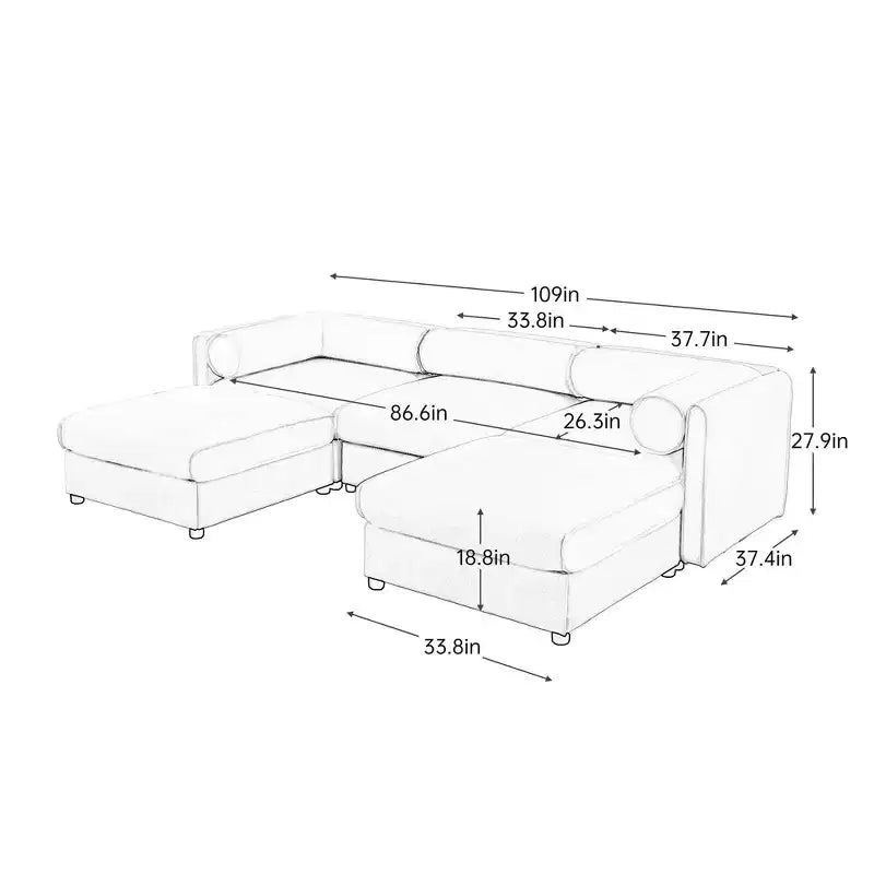 Elegant White Chenille Sofa with Storage Seat and Ottoman, U-Shaped 3-Seater Cylindrical Backrest and Armrests