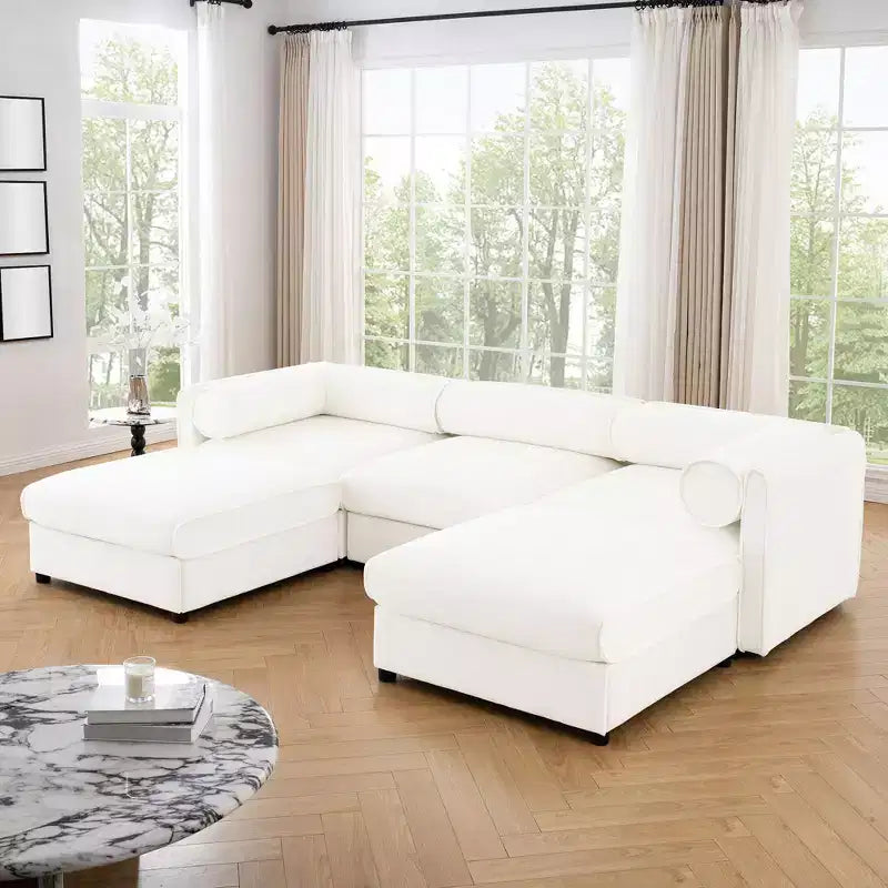 Elegant White Chenille Sofa with Storage Seat and Ottoman, U-Shaped 3-Seater Cylindrical Backrest and Armrests