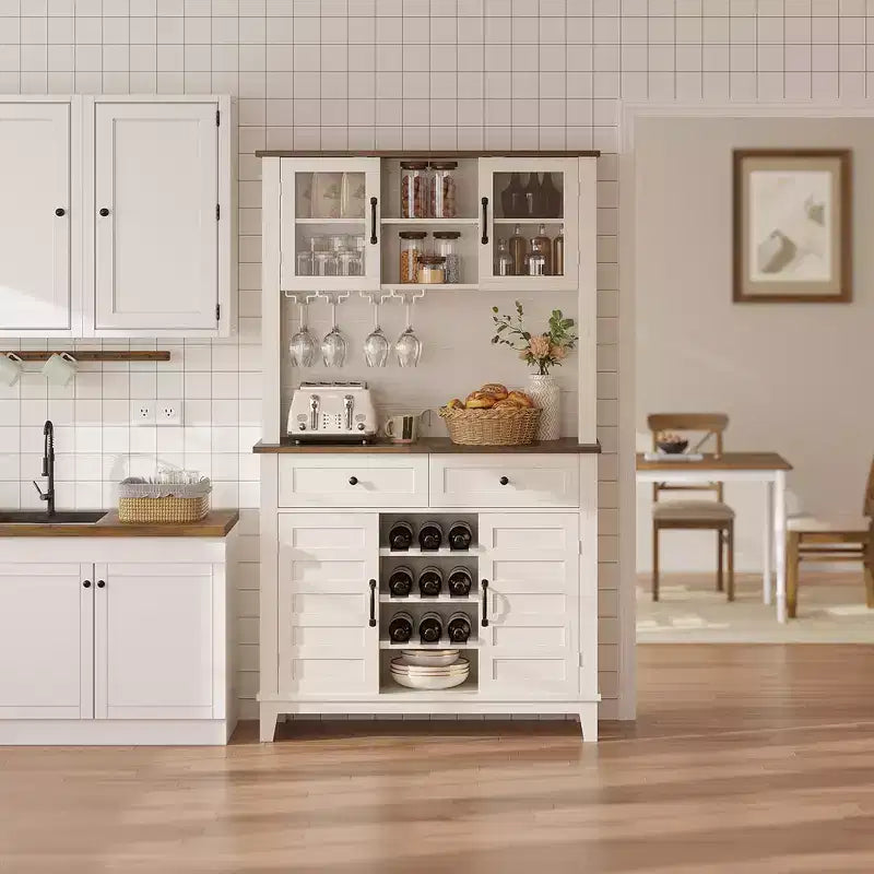 72 Inch Tall Kitchen Pantry Cabinet with 4 Doors and 2 Drawers, Wine Rack, Large Kitchen Storage, Adjustable Shelf, Coffee Wine Bar Counter