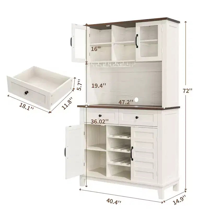 72 Inch Tall Kitchen Pantry Cabinet with 4 Doors and 2 Drawers, Wine Rack, Large Kitchen Storage, Adjustable Shelf, Coffee Wine Bar Counter