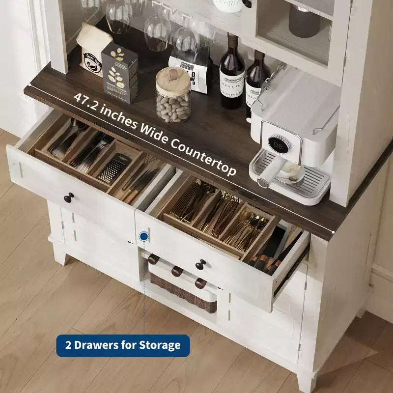 72 Inch Tall Kitchen Pantry Cabinet with 4 Doors and 2 Drawers, Wine Rack, Large Kitchen Storage, Adjustable Shelf, Coffee Wine Bar Counter