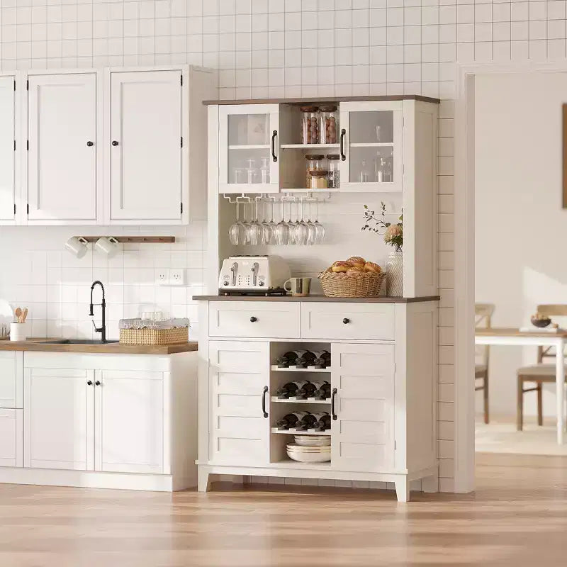72 Inch Tall Kitchen Pantry Cabinet with 4 Doors and 2 Drawers, Wine Rack, Large Kitchen Storage, Adjustable Shelf, Coffee Wine Bar Counter