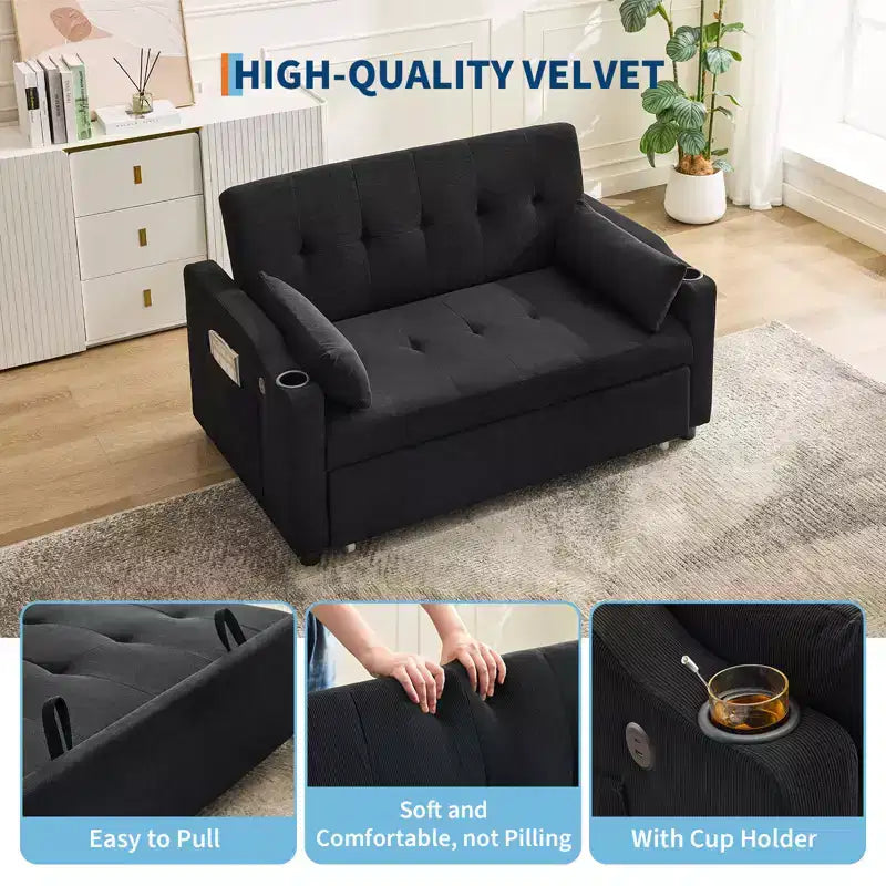 3 In 1 Convertible Sleeper Sofa Bed, Corduroy Couches with Pull-Out Bed, Adjustable Backrest, Charging Port , Modern Sofa for Living Room