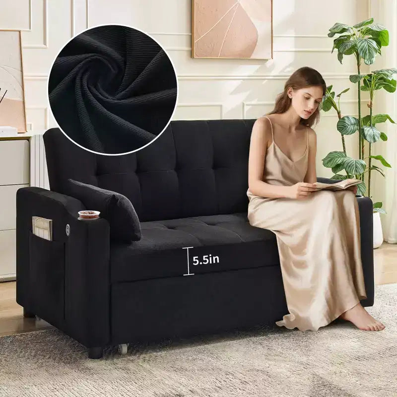 3 In 1 Convertible Sleeper Sofa Bed, Corduroy Couches with Pull-Out Bed, Adjustable Backrest, Charging Port , Modern Sofa for Living Room