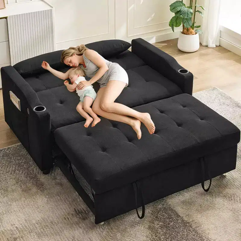 3 In 1 Convertible Sleeper Sofa Bed, Corduroy Couches with Pull-Out Bed, Adjustable Backrest, Charging Port , Modern Sofa for Living Room