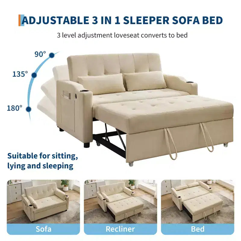 3 In 1 Convertible Sleeper Sofa Bed, Corduroy Couches with Pull-Out Bed, Adjustable Backrest, Charging Port , Modern Sofa for Living Room