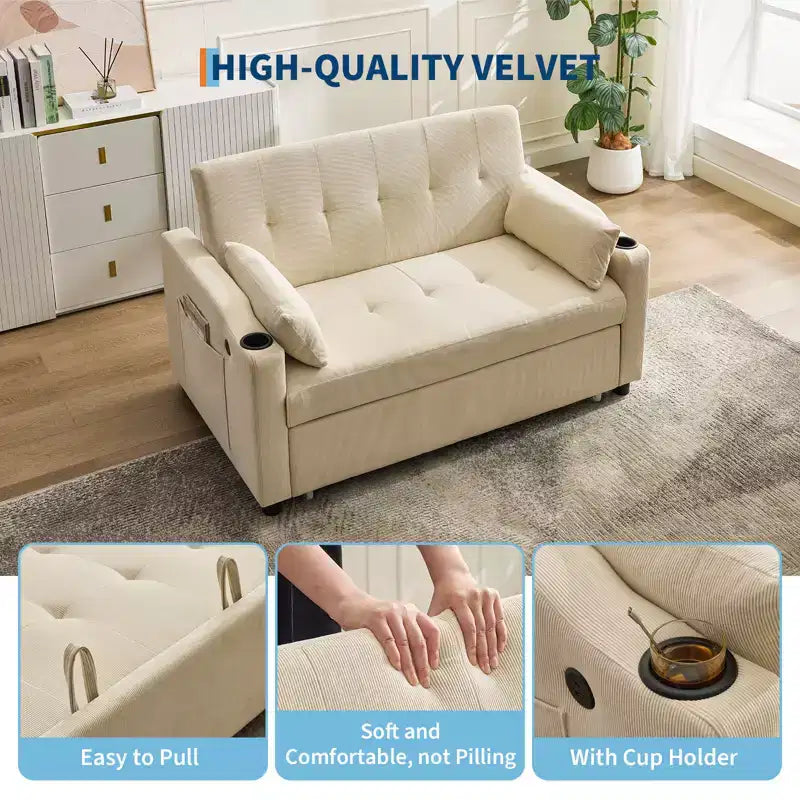 3 In 1 Convertible Sleeper Sofa Bed, Corduroy Couches with Pull-Out Bed, Adjustable Backrest, Charging Port , Modern Sofa for Living Room