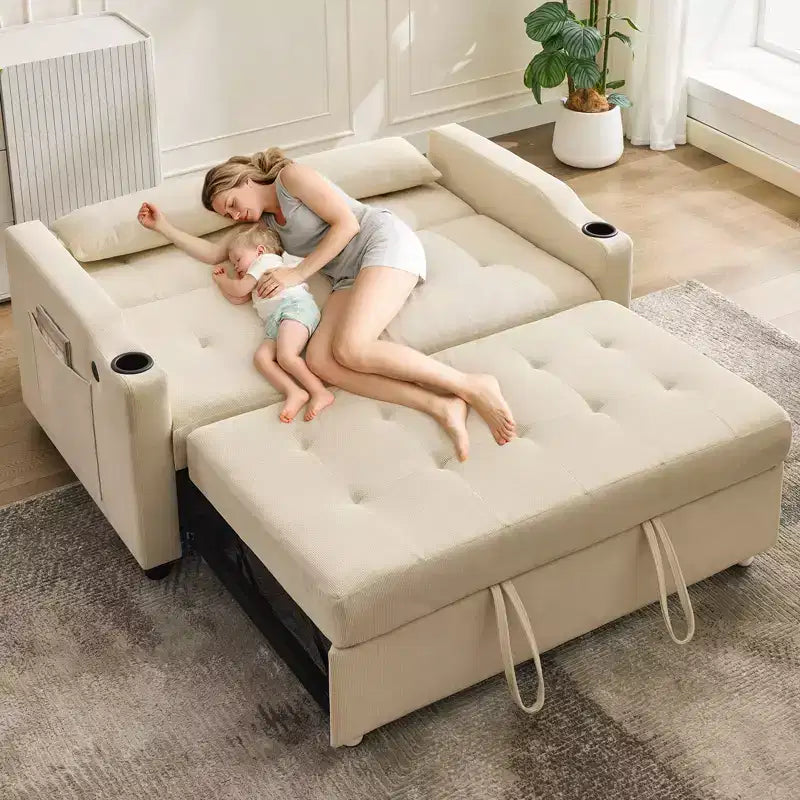 3 In 1 Convertible Sleeper Sofa Bed, Corduroy Couches with Pull-Out Bed, Adjustable Backrest, Charging Port , Modern Sofa for Living Room