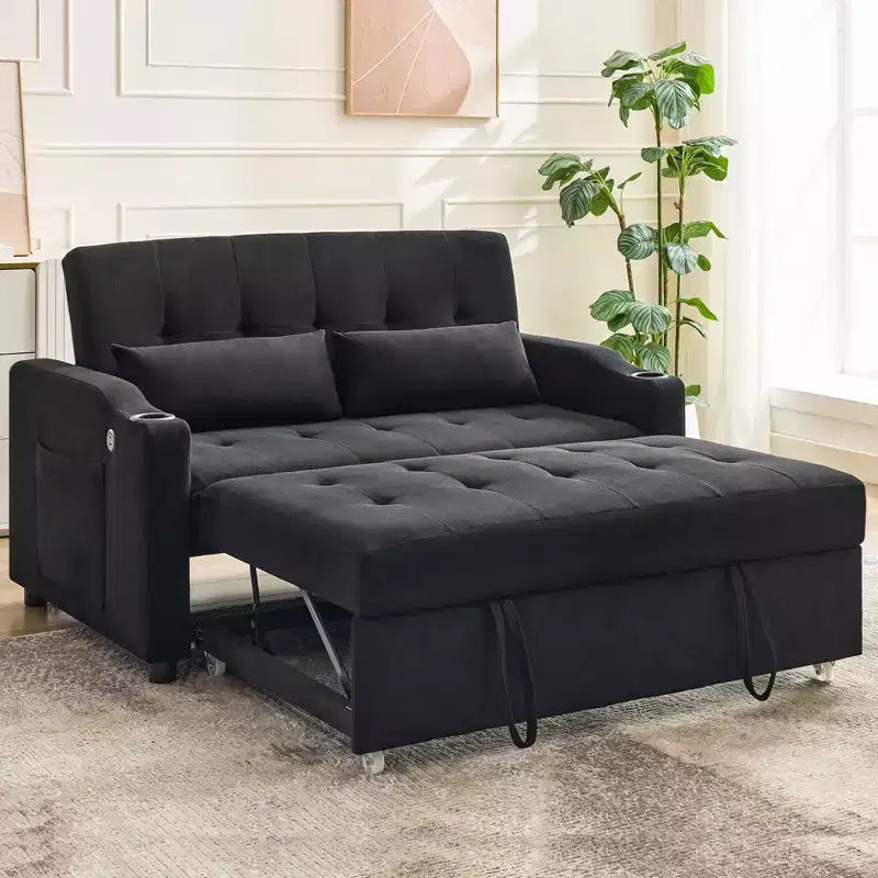 3 In 1 Convertible Sleeper Sofa Bed, Corduroy Couches with Pull-Out Bed, Adjustable Backrest, Charging Port , Modern Sofa for Living Room