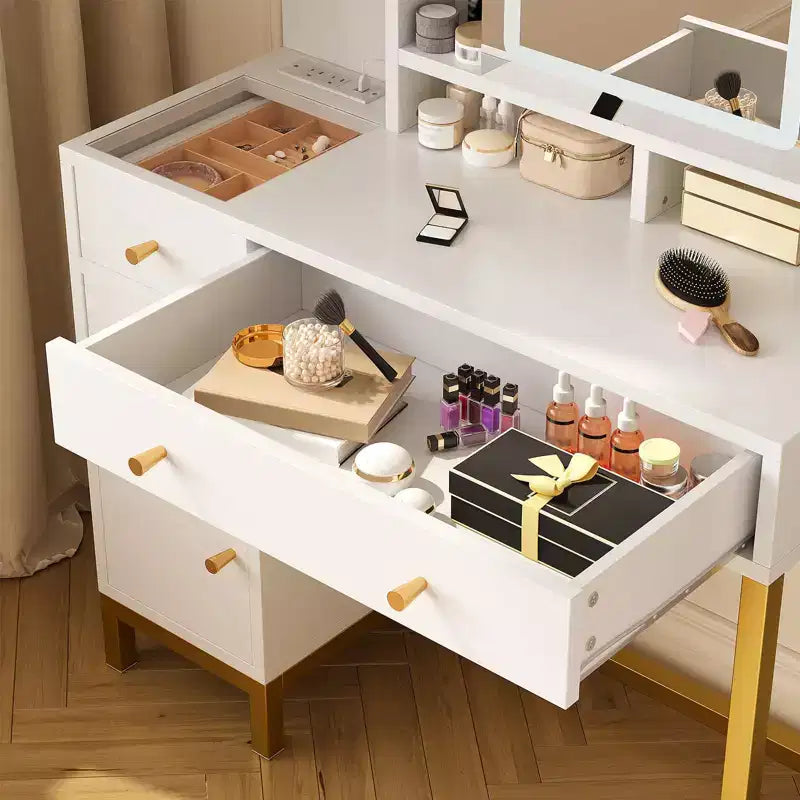 White Vanity Desk with Mirror and Lights, Makeup Desk Dressing Table with LED Lighted Mirror & Power Outlet,3 Lighting Color for Bedroom