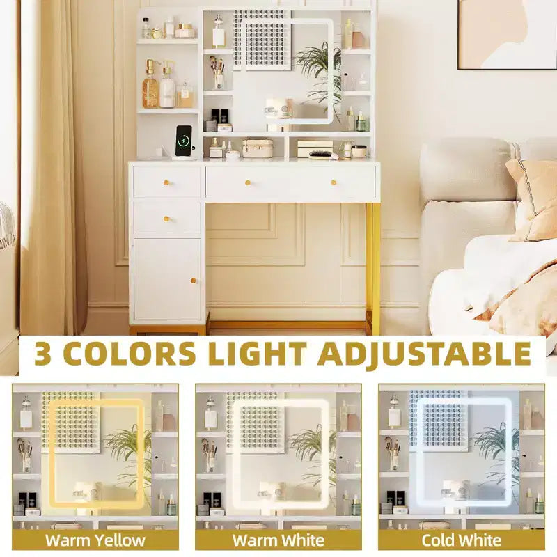 GustoWave White Vanity Desk with Mirror and Lights, Makeup Desk Dressing Table with LED Lighted Mirror & Power Outlet,3 Lighting Color for Bedroom
