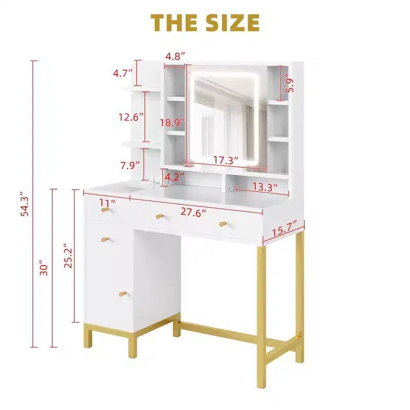 White Vanity Desk with Mirror and Lights, Makeup Desk Dressing Table with LED Lighted Mirror & Power Outlet,3 Lighting Color for Bedroom