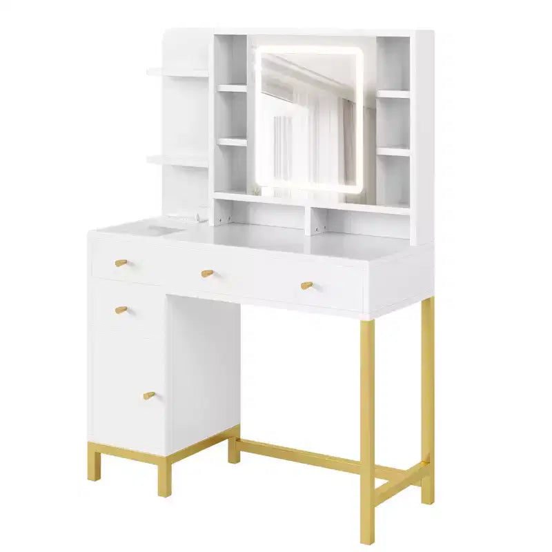 GustoWave White Vanity Desk with Mirror and Lights, Makeup Desk Dressing Table with LED Lighted Mirror & Power Outlet,3 Lighting Color for Bedroom