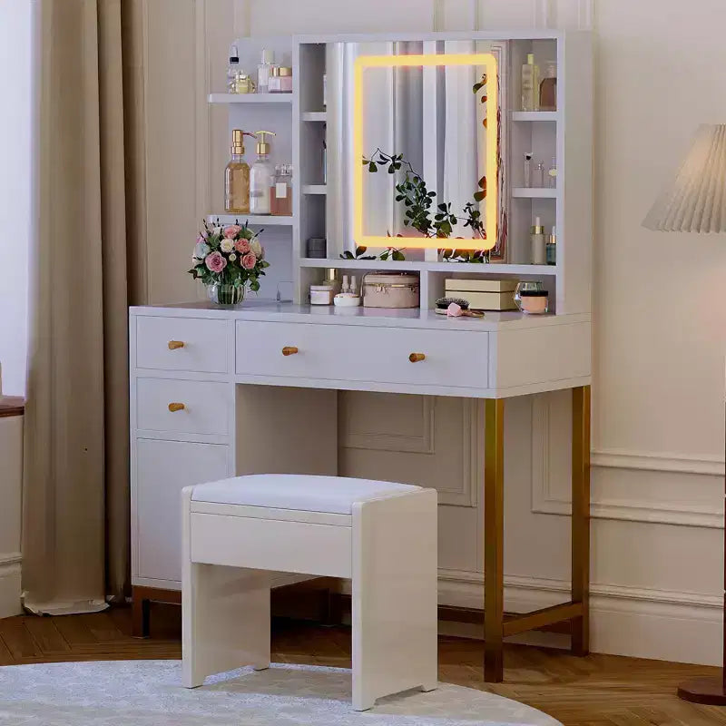 GustoWave White Vanity Desk with Mirror and Lights, Makeup Desk Dressing Table with LED Lighted Mirror & Power Outlet,3 Lighting Color for Bedroom