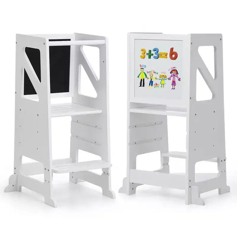 Wooden Toddler Step Stool,White Toddler Tower with Chalkboard & Whiteboard