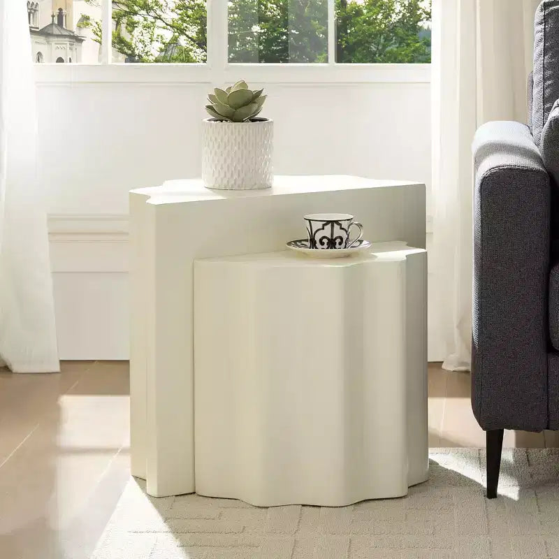 Fiberglass Coffee Table 2PCS Set End Table Accent Table Side Table Cocktail Table Center Table, Wavy Edge Design, Beige, No Assembly