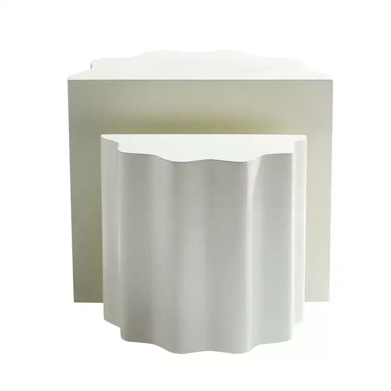 Fiberglass Coffee Table 2PCS Set End Table Accent Table Side Table Cocktail Table Center Table, Wavy Edge Design, Beige, No Assembly