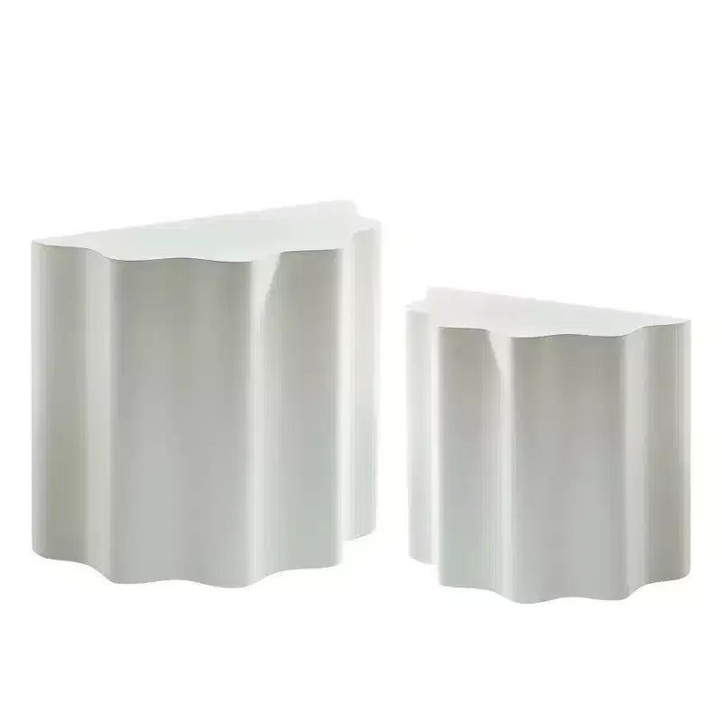 Fiberglass Coffee Table 2PCS Set End Table Accent Table Side Table Cocktail Table Center Table, Wavy Edge Design, Beige, No Assembly