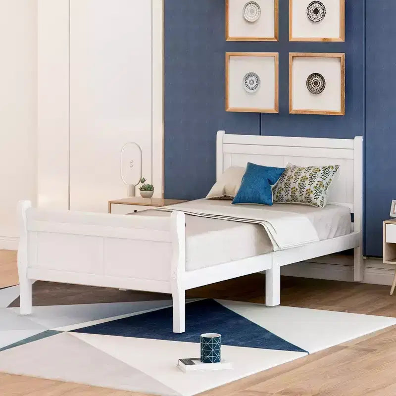 Wood Platform Bed Twin Bed Frame Mattress Foundation Sleigh Bed with Headboard Footboard and Wood Slat Support
