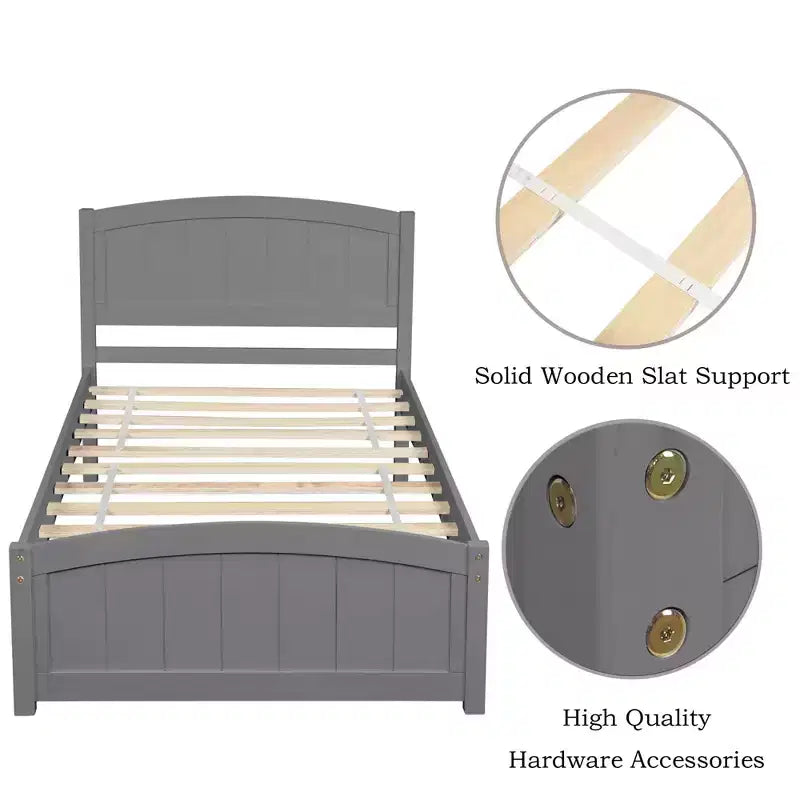 Twin Size Wood Platform Bed with Headboard Footboard and Wood Slat Support Espresso