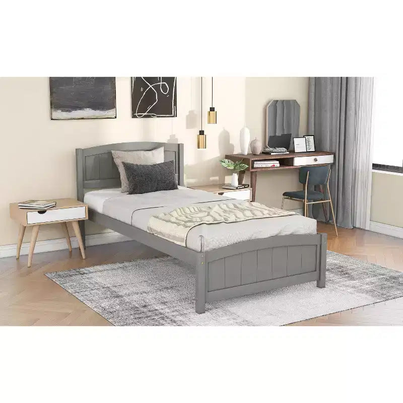 Twin Size Wood Platform Bed with Headboard Footboard and Wood Slat Support Espresso