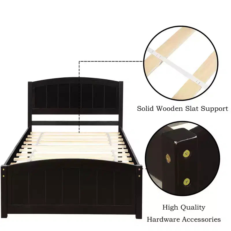 Twin Size Wood Platform Bed with Headboard Footboard and Wood Slat Support Espresso