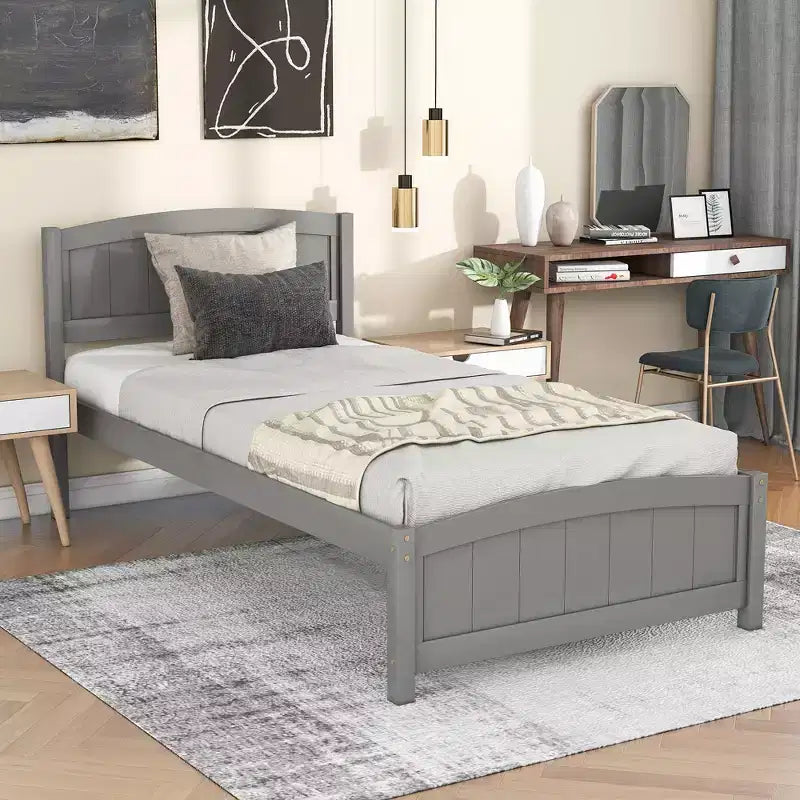 Twin Size Wood Platform Bed with Headboard Footboard and Wood Slat Support Espresso