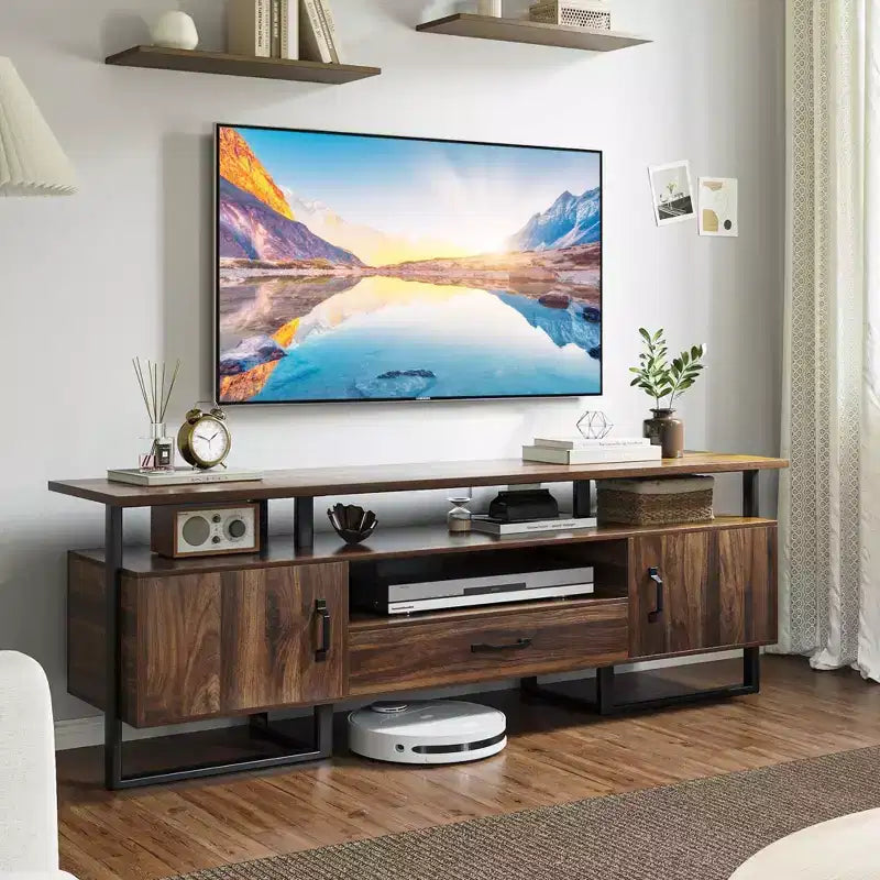 70 Industrial TV Stands, Entertainment Center with Storage & Drawer for Living Room, Rustic Brown