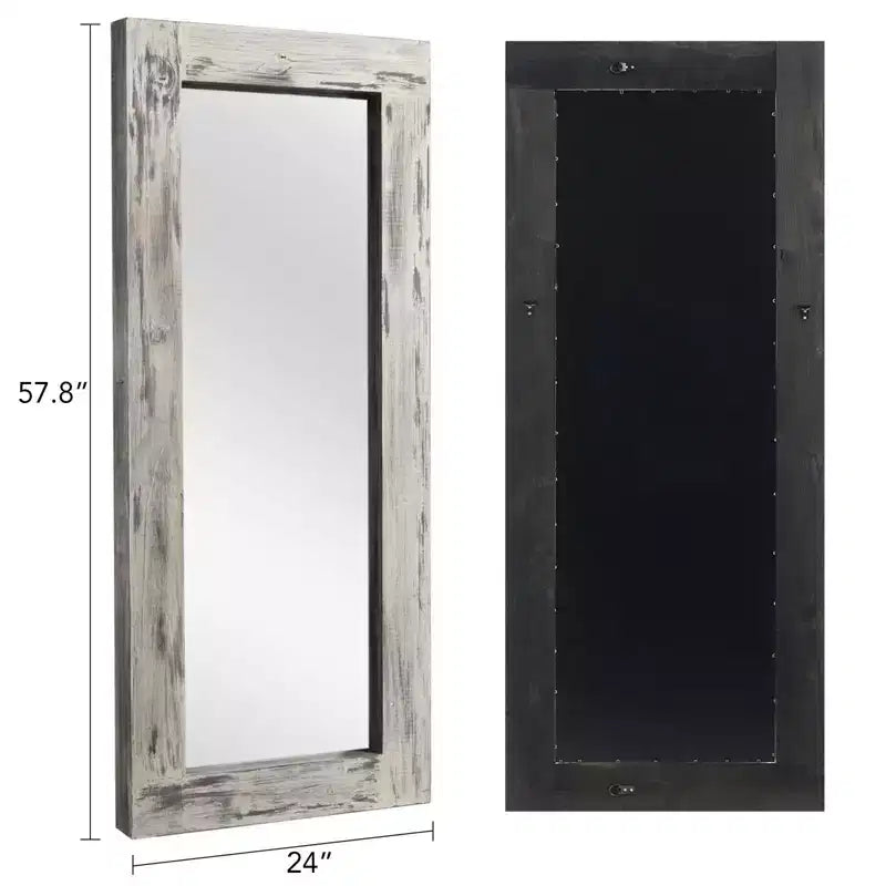 24 in. W x 58 in. H Farmhouse Rectangular Solid Wood Framed Full Length Leaning Mirror in Weathered White