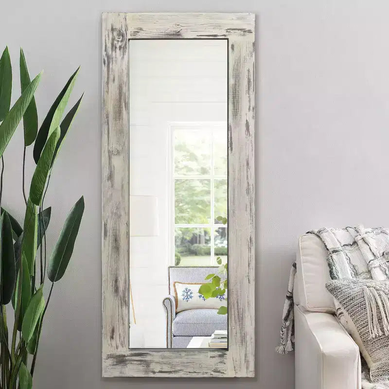 24 in. W x 58 in. H Farmhouse Rectangular Solid Wood Framed Full Length Leaning Mirror in Weathered White