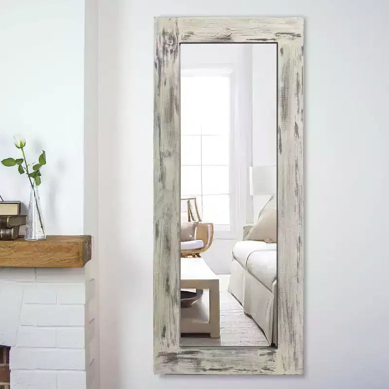 24 in. W x 58 in. H Farmhouse Rectangular Solid Wood Framed Full Length Leaning Mirror in Weathered White