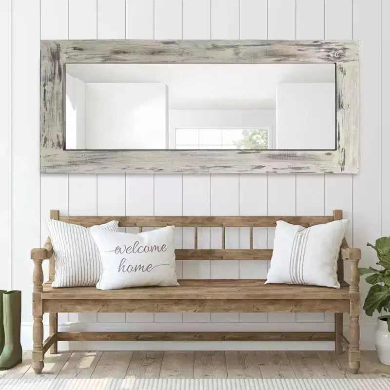 24 in. W x 58 in. H Farmhouse Rectangular Solid Wood Framed Full Length Leaning Mirror in Weathered White