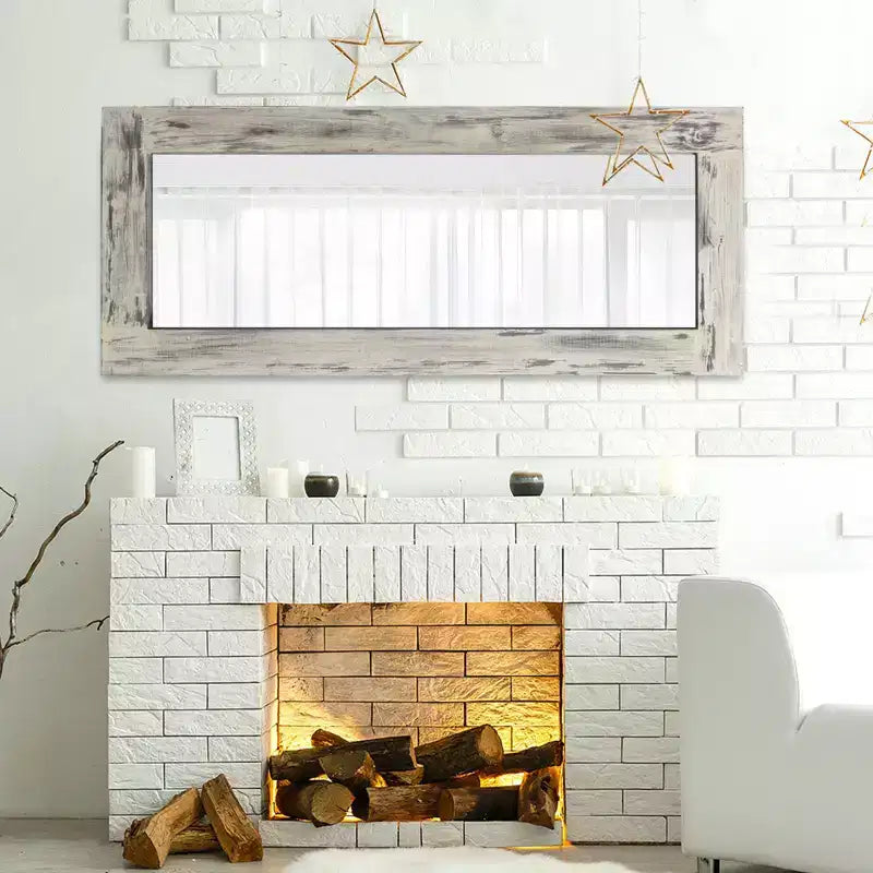 24 in. W x 58 in. H Farmhouse Rectangular Solid Wood Framed Full Length Leaning Mirror in Weathered White