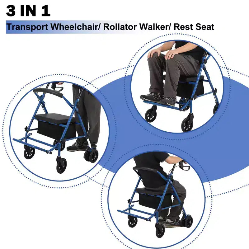 Rollator Walker for Seniors with Seat, 3 in 1 Walker Wheelchair Combo, Transport Wheelchair Medical Walker All Terrain for Adult