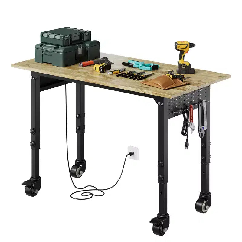 Heavy Duty Workbench with Power Outlet, Adjustable Height Wood Top, Rolling Work Table for Garage Workshop