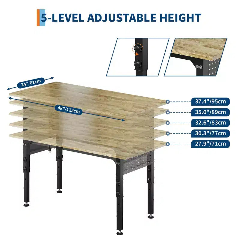 COZONY Heavy Duty Workbench with Power Outlet, Adjustable Height Wood Top, Rolling Work Table for Garage Workshop