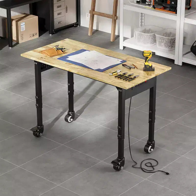 COZONY Heavy Duty Workbench with Power Outlet, Adjustable Height Wood Top, Rolling Work Table for Garage Workshop